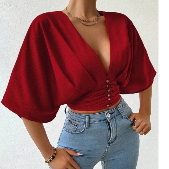 Vibrant Orange Button detail shirred Kimono Sleeve Blouse - Picture 5 of 11